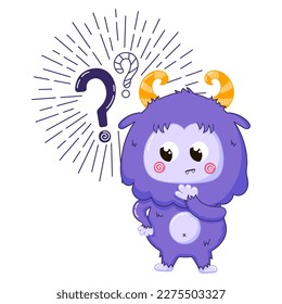 Funny Yeti mascot character with puzzled expression and question mark around