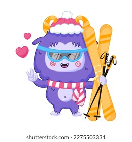 Funny Yeti mascot character skiing, winter sport outdoor activity