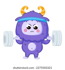 Funny Yeti mascot character workout in the gym, making exercises with dumbbell