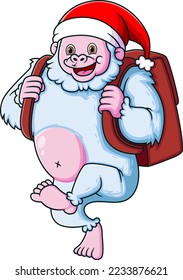 Funny Yeti smiling and holding a bag of illustration