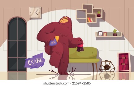 Funny yeti tiptoeing in living room stealing snacks and bottles cartoon vector illustration