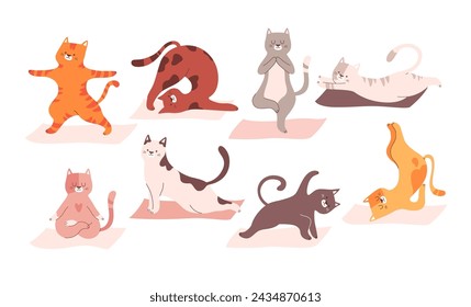 Personajes de animales domésticos de compañía de yoga divertidos que se paran en posición diferente, haciendo asana diversa en la estera, meditando, conjunto de respiración. Ilustración del vector de la actividad física diaria de la mascota del gatito lindo