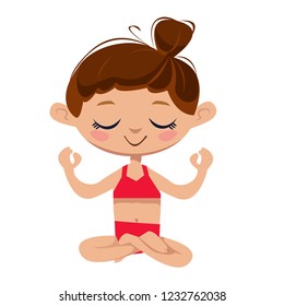 Funny yoga girl sitting in the lotus position. Vector illustration in cartoon childish style. Isolated fun clipart on a white background. Cute print