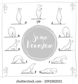 funny yoga with polar bear, fitness white bears, yoga poses, Surya Namaskara meditation. Ashtanga vinyasa yoga poses