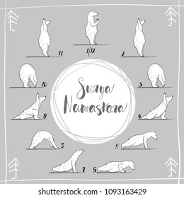 funny yoga with polar bear, fitness white bears, yoga poses, Surya Namaskara meditation. Ashtanga vinyasa yoga poses