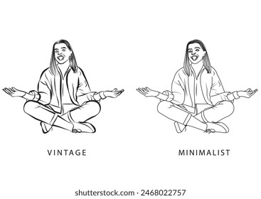 Funny yoga pose. Young woman funny tongue yoga pose elegant line art drawing