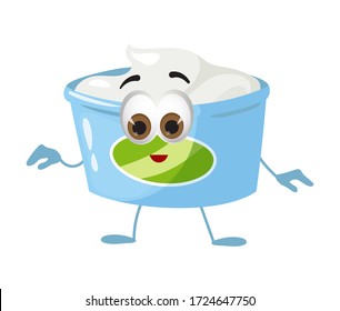 Funny Yogurt with eyes on white background, funny products series, flat vector illustration
