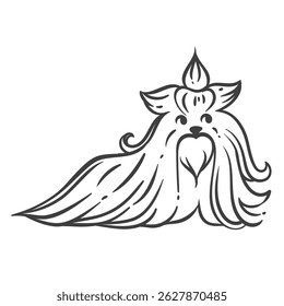 Engraçado Yorkshire Terrier com pele longa em um estilo de esboço preto e branco. Ilustração de cão bonito mínimo para colorir páginas, adesivos, desenhos de crianças, cartões e impressões.