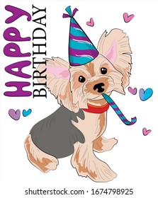 Funny Yorkshire Terrier puppy in the UNICORN . Happy birthday - lettering. Dog Vector illustration for t-shirts design, sweatshirt, fabric.