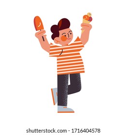 The funny young boy in black pants holding ice cream in raised hands. Vector illustration in the flat cartoon style.