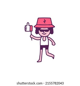Funny young boy in bucket hat holding like button, illustration for t-shirt, sticker, or apparel merchandise. With doodle, retro, and cartoon style.