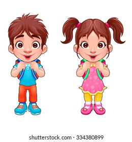 Funny young boy and girl students. Vector cartoon isolated characters.