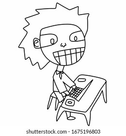Joven y gracioso personaje de dibujos animados trabajando en la mesa y escribiendo en una laptop