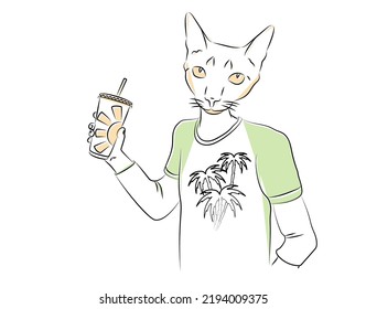 Funny Young Cat In Fashionable T-shirt Hand Holding Large Paper Cup With Soda And Straw. School Friends Party, Birthday, Beach Summer Bash. Entertainment Event. Sketch For Menu, Flyer, Greeting Card