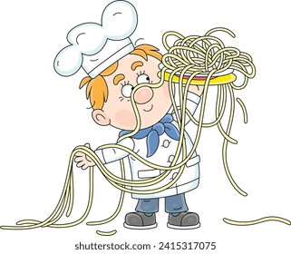 Funny young cook in a chef hat holding a platter with freshly cooked very long spaghetti, vector cartoon illustration isolated on a white background