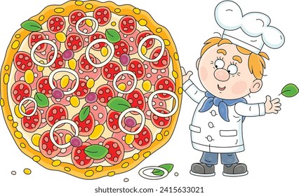 Funny young cook in a chef hat holding a big, very tasty and freshly backed pizza with cheese, sausage, olives, tomatoes and onion, vector cartoon illustration isolated on a white background