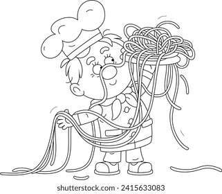 Funny young cook in a chef hat holding a platter with freshly cooked very long spaghetti, black and white outline vector cartoon illustration for a coloring book