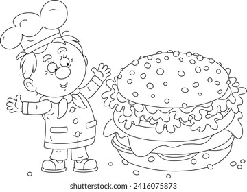 Funny young cook in a chef hat happily waving his hands near a big freshly cooked burger with a cutlet and a bun, black and white outline vector cartoon illustration for a coloring book