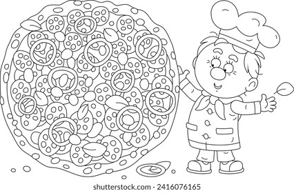 Funny young cook in a chef hat holding a big, very tasty and freshly backed pizza with cheese, sausage, olives, tomatoes and onion, black and white vector cartoon illustration for a coloring book