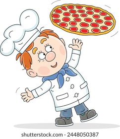 Funny young cook in a chef hat merrily joggling a big, very tasty and freshly backed pizza with cheese, sausage and tomatoes for holiday treat, vector cartoon illustration on a white background