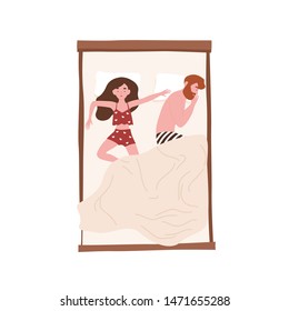 Funny young couple lying relaxed under blanket. Cute man sleeping on side and woman spreading herself on bed. Girl and boy napping at home. Top view. Flat cartoon colorful vector illustration.