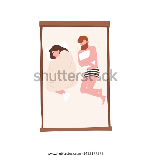 楽しいベッドの上のおかしな若い夫婦 ロマンチックなパートナーは夜 眠っている 可愛い女がデュベットの下で眠り 男は寒さで震えていた 休む 平らなカートーンのカラフルなベクターイラスト のベクター画像素材 ロイヤリティフリー
