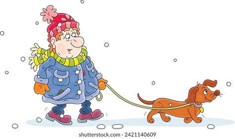 Funny young fellow in warm clothes with a striped scarf walking with his cheerful long dachshund around a park on a snowy and cold winter day, vector cartoon illustration on a white background