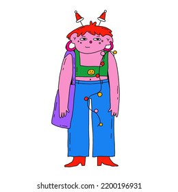 funny young girl in santa hat.Office worker at a corporate party.Carnival at work 1970 psychedelic funky character.Christmas student. trendy fashion new year gen z.Sublimation print