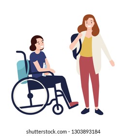 Funny young girl sitting in wheelchair talking to her friend or classmate. Teenager, female student or pupil with physical disability and school inclusion. Flat cartoon colorful vector illustration.