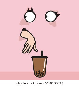 Funny Young Girl Is Stealing A Cup Of Chocolate Bubble Milk Tea On Neighbours Through Wall Concept Card Character illustration