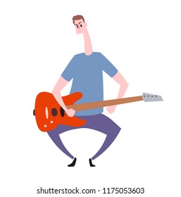 Funny young guy with red electric guitar. Hobby and leisure. Flat vector illustration. Isolated on white background.