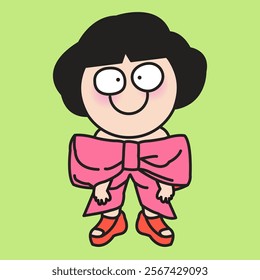 Funny Young lady In Large Bow Present Outfit Concept Cartoon Character illustration