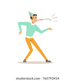 Funny young man dancing at birthday party. Cartoon dancer character with festive cap and pipe. Dressed in blue sweater and yellow pants. Flat vector design