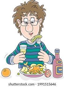 Funny young man with disheveled hair, drinking a glass of wine and having dinner, vector cartoon illustration on a white background