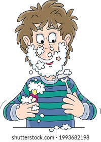 Funny young man with disheveled hair and soapy face, shaving with his razor and cream foam in a bathroom, vector cartoon illustration on a white background