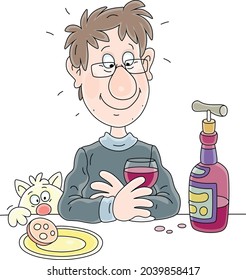 Funny young man with disheveled hair holding a glass of wine at home kitchen, vector cartoon illustration isolated on a white background