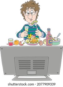 Funny young man with disheveled hair sitting at his table in front of TV, drinking a glass of wine and having dinner, vector cartoon illustration on a white background