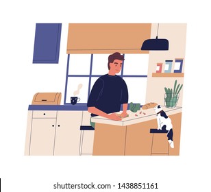 Funny young man making sandwich in kitchen. Happy cute boy cooking at home. Smiling guy preparing breakfast, lunch or dinner. Daily life or everyday routine. Flat cartoon vector illustration.