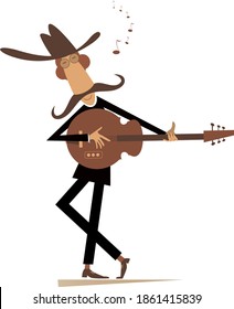 Funny young man playing guitar isolated illustration. Cartoon man in the cowboy hat is playing guitar isolated on white
