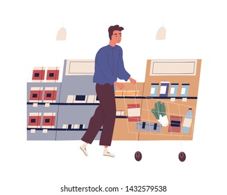 Funny young man with shopping cart buying food at grocery store. Cute boy walking along shelves with products at supermarket. Daily routine, everyday activity. Flat cartoon vector illustration.