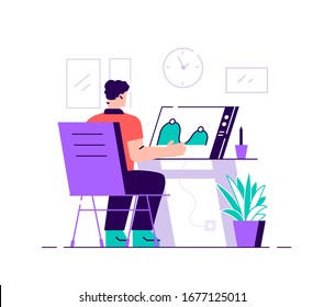 Funny young man sitting at desk and drawing on graphic tablet. Digital designer, illustrator or freelancer working at home. Cute guy enjoying his hobby. Flat style cartoon colorful vector illustration