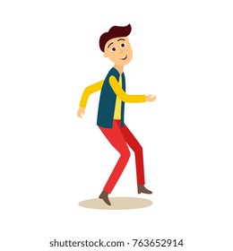 Funny young man, student, guy dancing happily at a party, cartoon vector illustration isolated on white background. Full length comic style portrait of young man dancing at a party