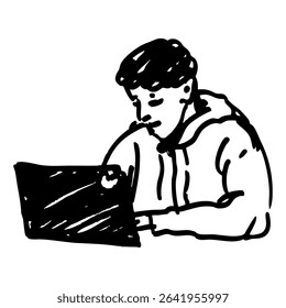 Funny young man wearing hoodie working on a laptop. Computer geek. Hand drawn linear doodle rough sketch. Black and white silhouette.