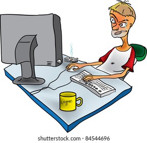 Funny young man working on computer in office. Man smokes in workplace in office. Smoking and red eyes. Isolated vector illustration