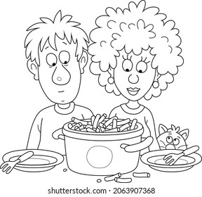 Funny young married couple treating themselves to pasta at their home kitchen, black and white outline vector cartoon illustration