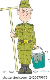 Funny young orderly soldier on sentry duty with a mop, a bucket and a floorcloth for cleaning a barrack at army company location, vector cartoon illustration on a white background