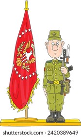 Joven y gracioso soldado ordenado parado en servicio de centinela cerca de la bandera de una unidad militar en el cuartel general de un regimiento del ejército, ilustración vectorial de caricatura en un fondo blanco