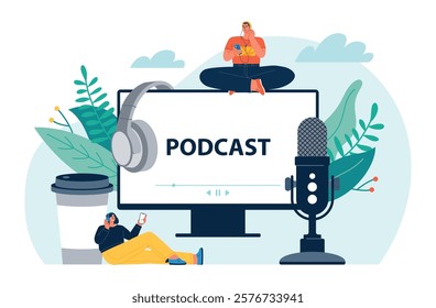Funny young people with headphones listening podcasts. Guy with a girl with smartphones in hands, online audio project, vector illustration
