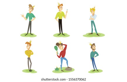 Funny Young Prince Character Standing in Different Poses Vector Illustrations