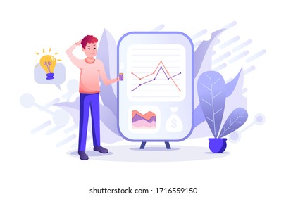 Funny young reddish man gets confused and trying to find the solution with the financial prognosis of a business company. Screen board with simple graphics and plants. Colored flat vector illustration